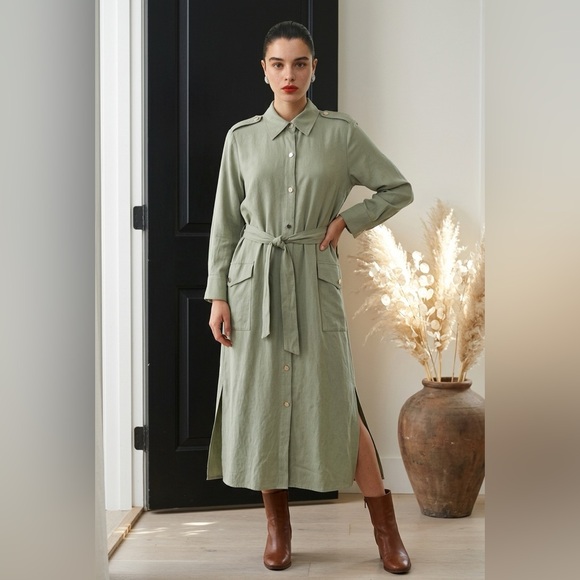 Zara Dresses & Skirts - Zara S 4-6 Khaki Green Maxi Shirt Dress Linen Blend Military Utility Pockets